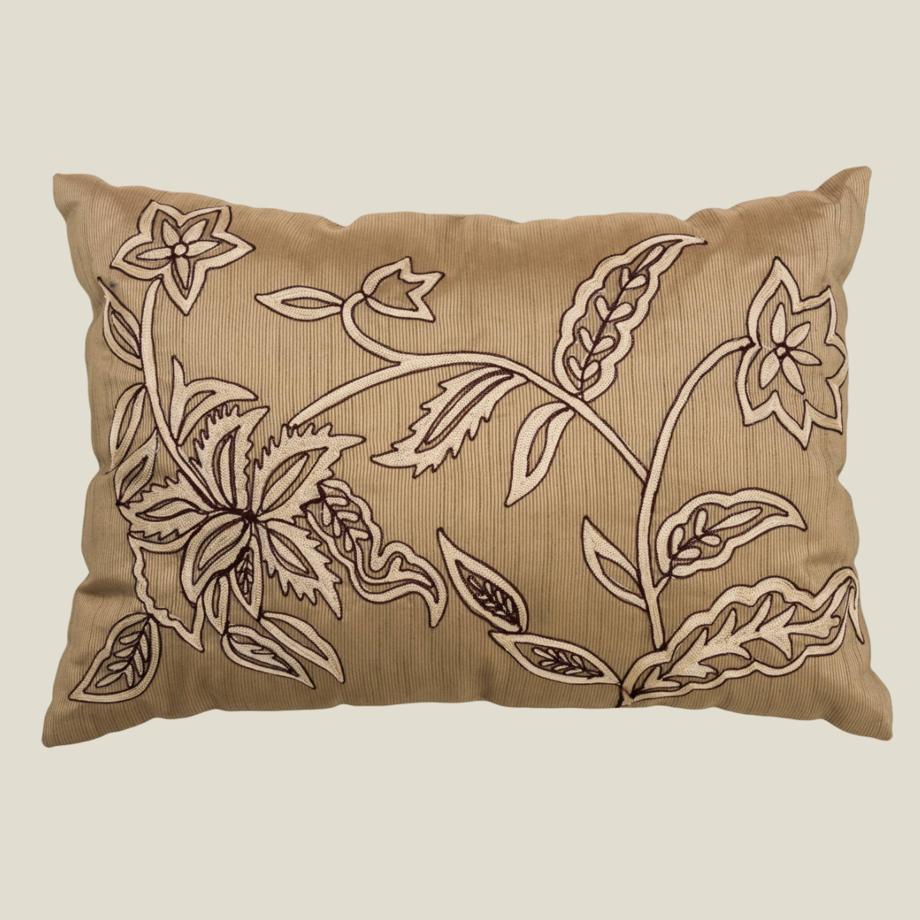 The Luxelife Dark Beige Dupion Floral Embroidered Cushion Cover