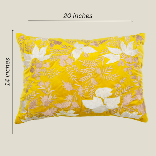 The Luxelife Yellow Velvet Floral Fully Embroidered Cushion Cover