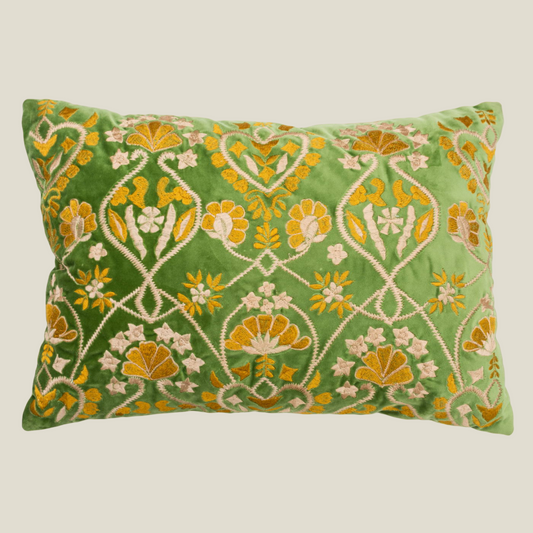 The Luxelife Green Velvet Floral Fully Embroidered Cushion Cover