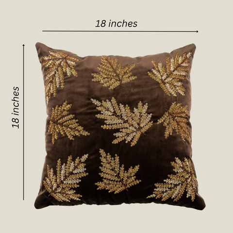 The Luxelife Handcrafted Brown Velvet Cushion Cover (Leafy Embroidery)