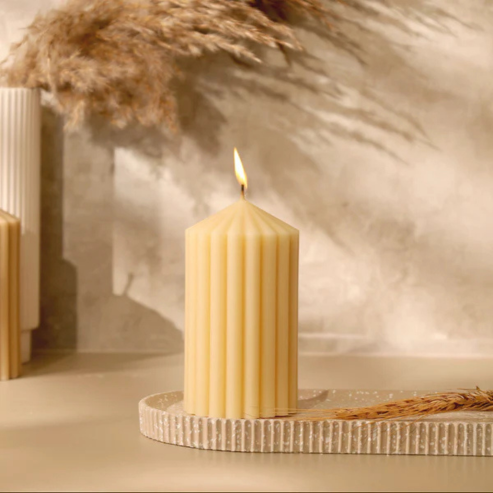 Cina Ribbed Tower Candle Medium - Cream