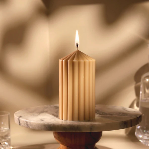 Cina Ribbed Tower Candle Medium - Sand