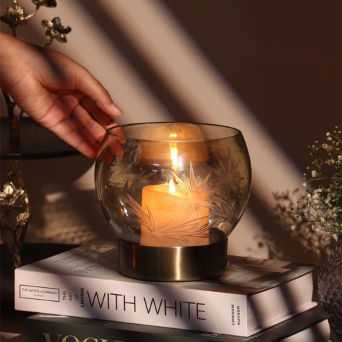 Lotus Glass Round Hurricane Large - Tinted Gold