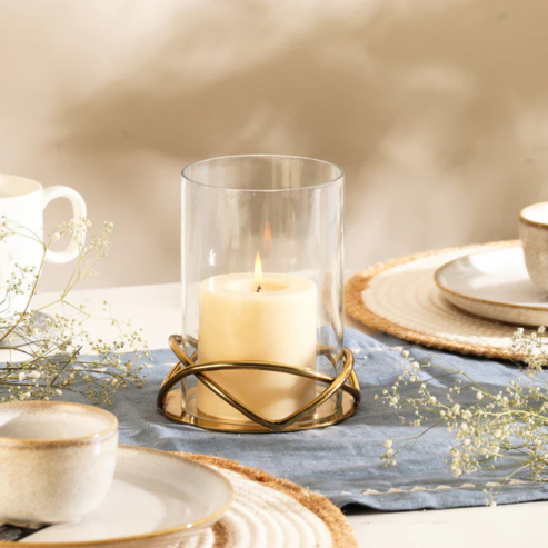 Valar Glass Hurricane with Metal Stand - Gold