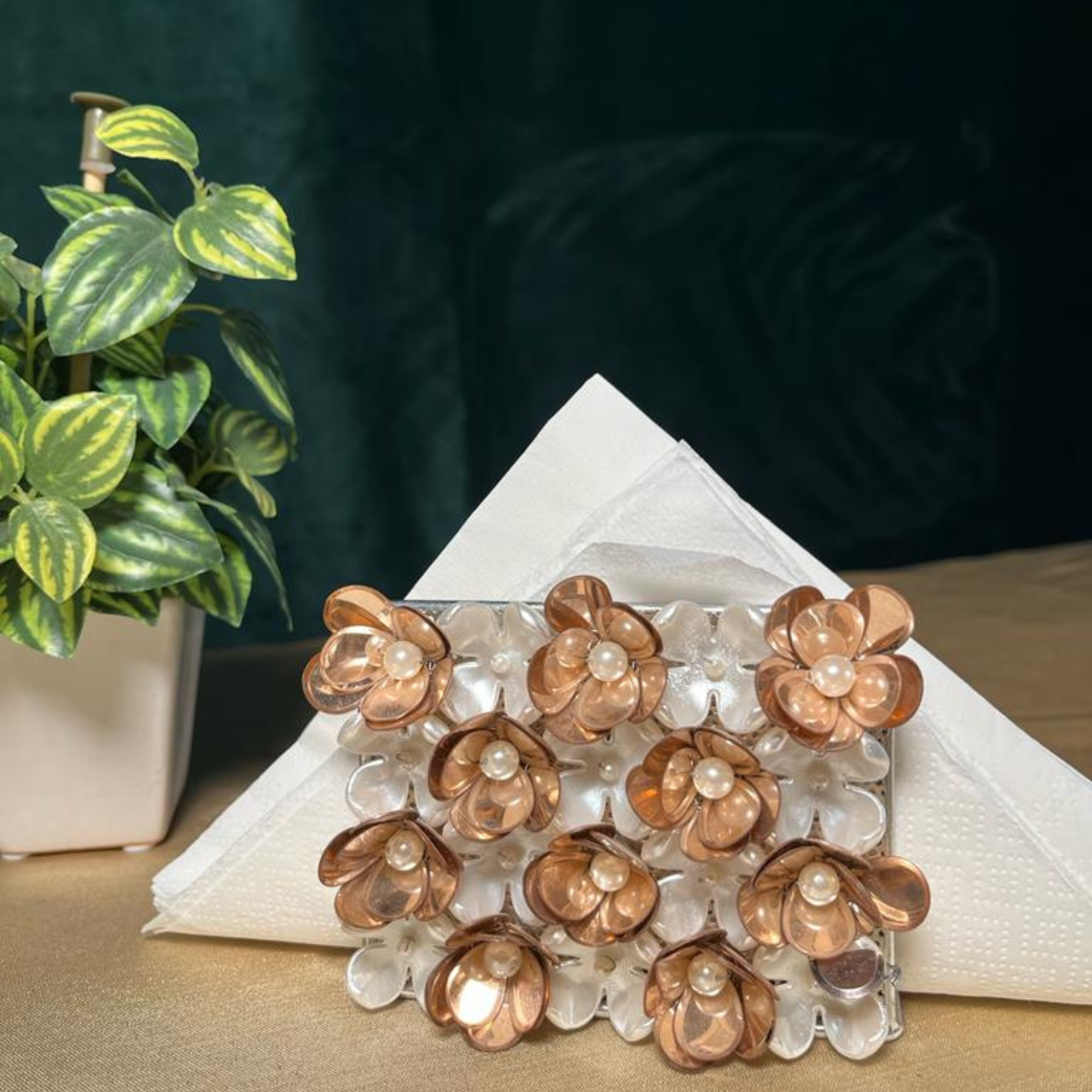 The LuxeLife Golden and White Small Floral Tissue Holder