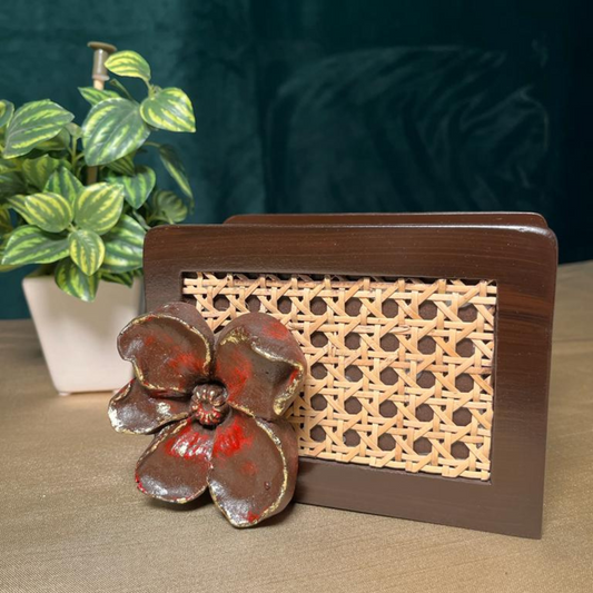 The LuxeLife Brown Wooden Tissue Holder with big Red Flower