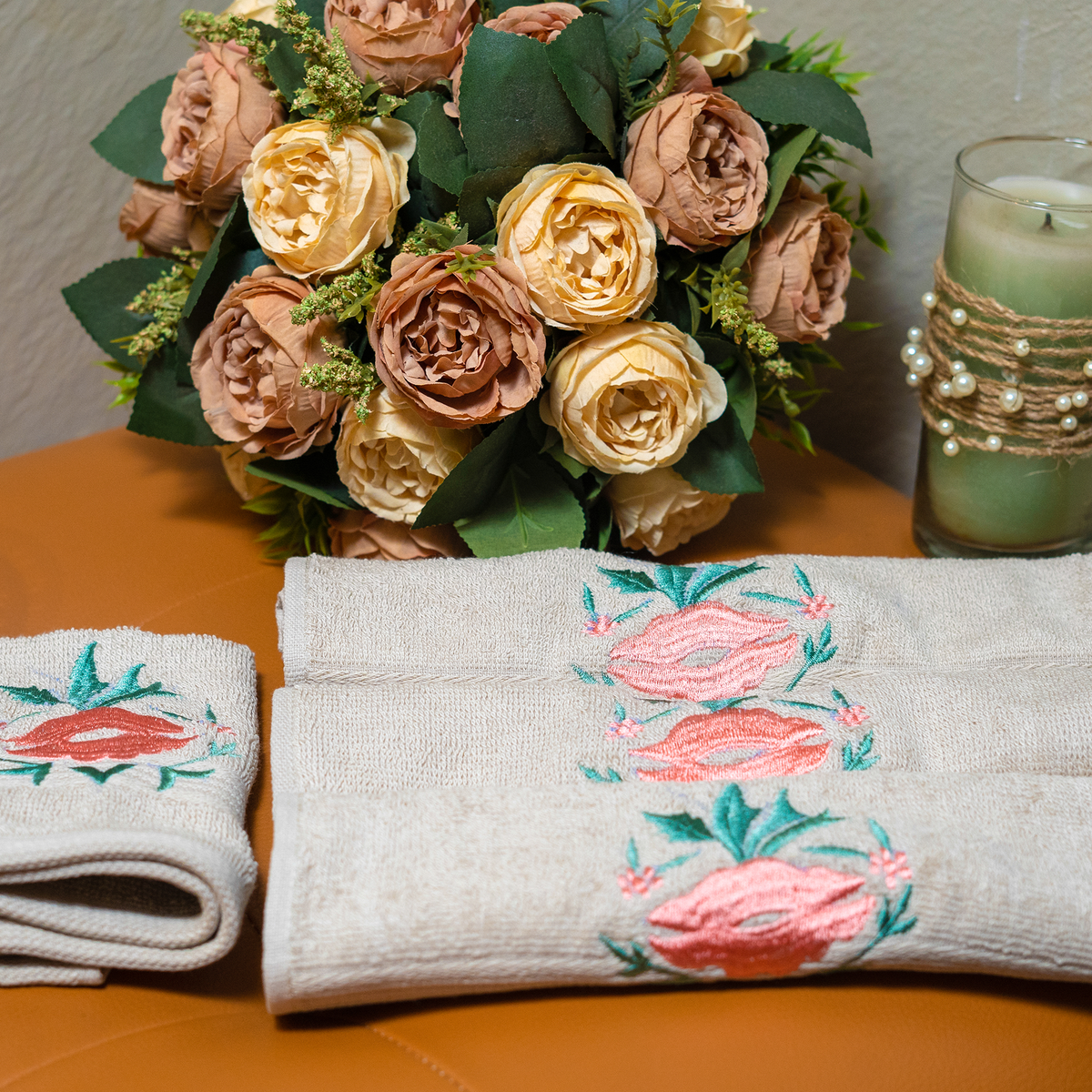 The Luxelife Beige Face Towel with Pink Embroidery