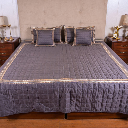 The LuxeLife Grey Minimal Border Embroidered Bedcover