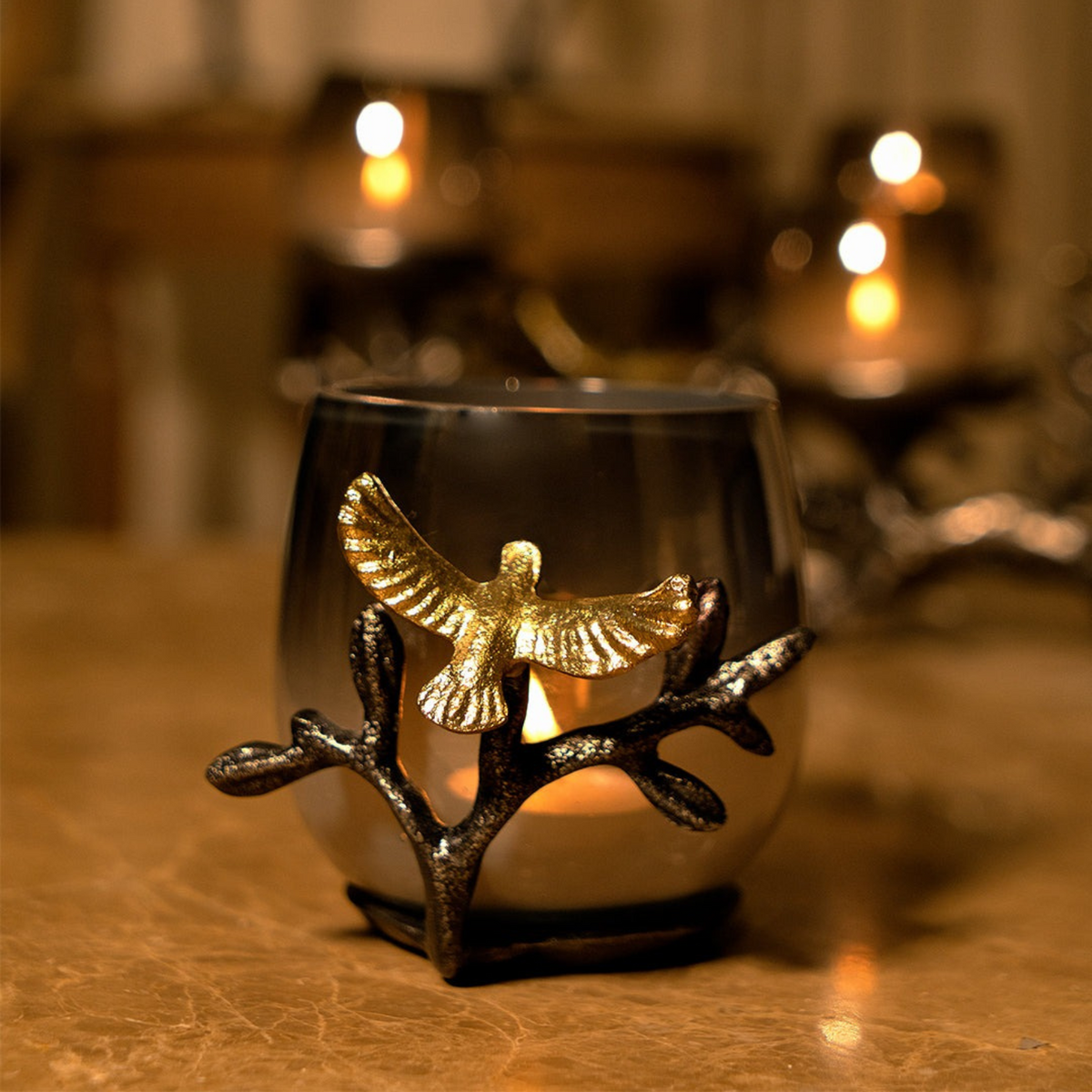 Bird Votive Holder With Omber Green Glass