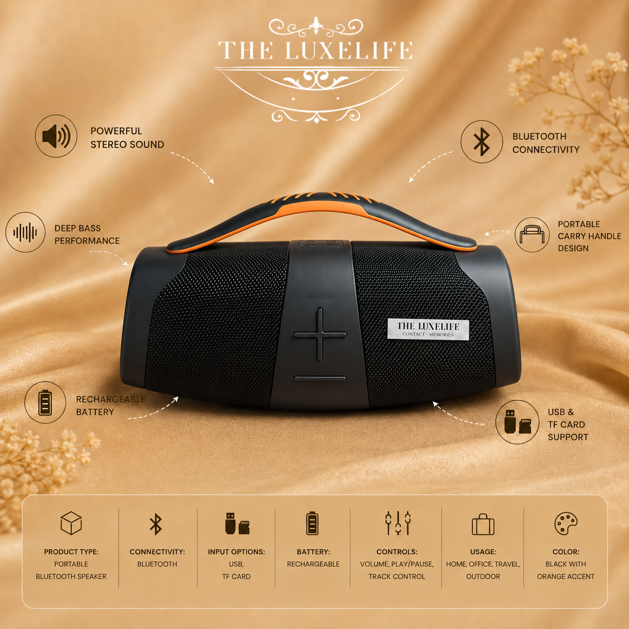 Portable Bluetooth Speaker with Deep Bass & Carry Handle