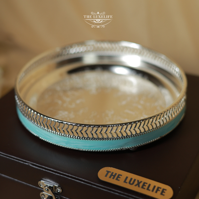 Elegant Silver-Plated Aura Rim Round Tray Blue