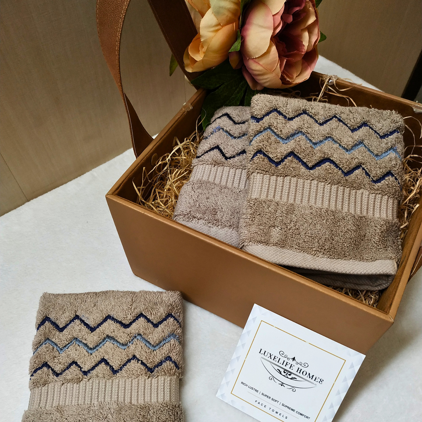 The Luxelife Dark Beige Zig Zag Embroidered Face Towel