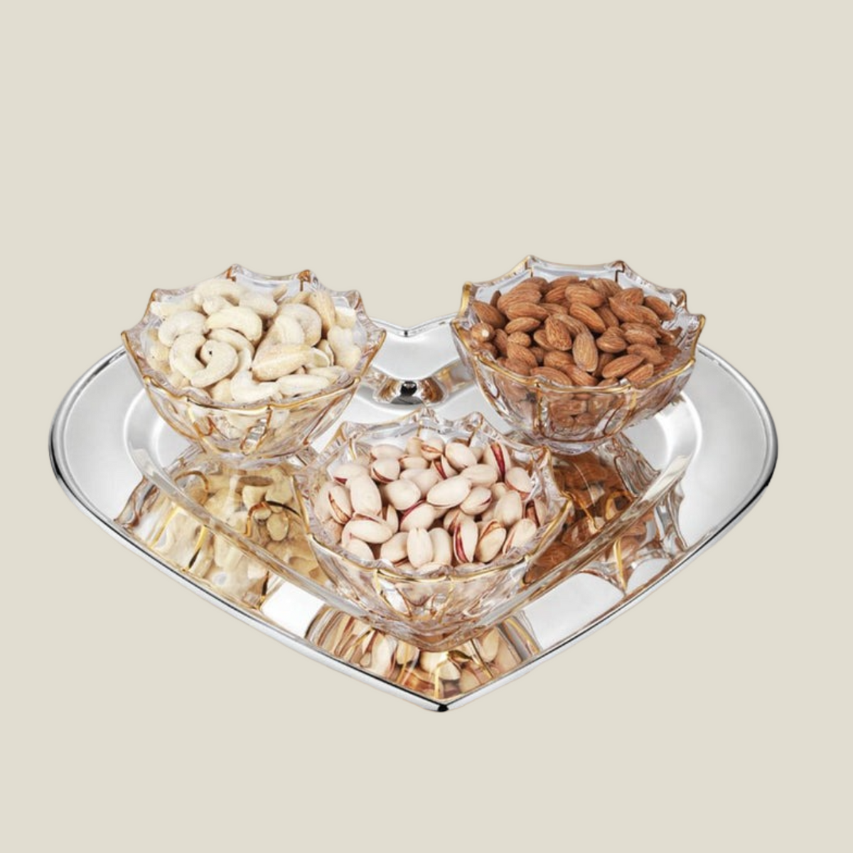 Heart tray with three glass bowl
