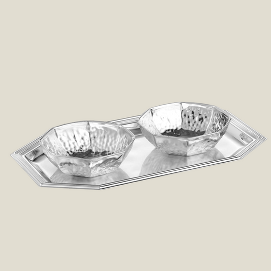 Octagon Tray & Two Hammered Bowl- Silver