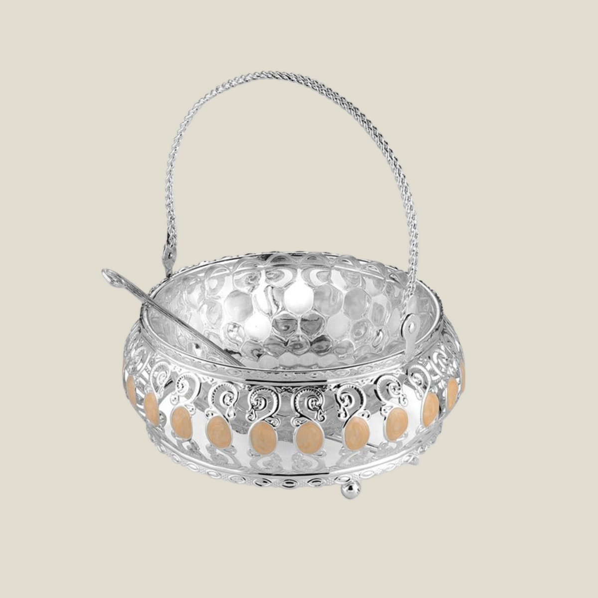 Enamel Basket With Glass Bowl- Peach