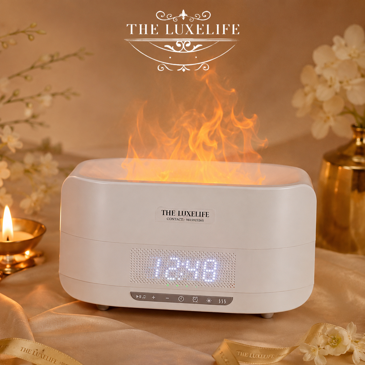 4-in-1 Flame Humidifier Bluetooth Speaker with Alarm Clock & Ambient Light