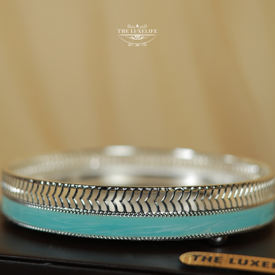Elegant Silver-Plated Aura Rim Round Tray Blue