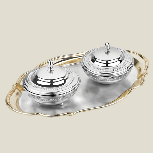 Oval Cutwork Tray (Golden) + 2 Sugar Bowl (Silver) = 9942+9948