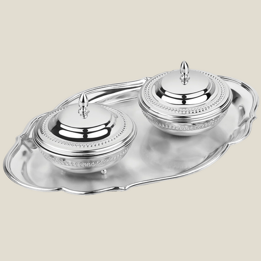Oval Cutwork Tray (Silver) 2 Sugar Bowl (Silver) - 9948+9938