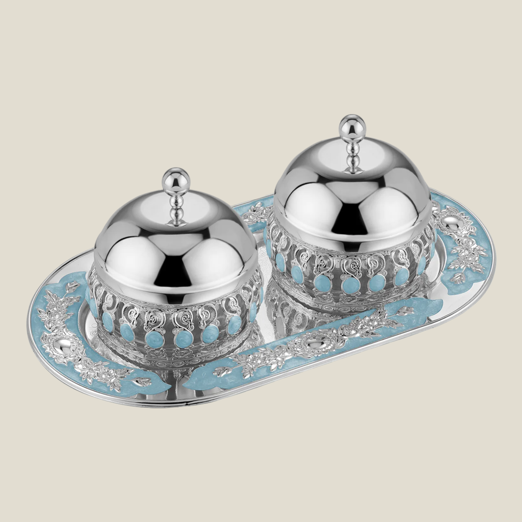 Flower Oval Designer Tray with pair of enamel candy jar with lid Sky Blue
