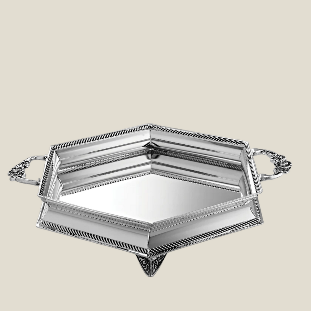 Hexagonal Tray with Handle & Feet - Silver