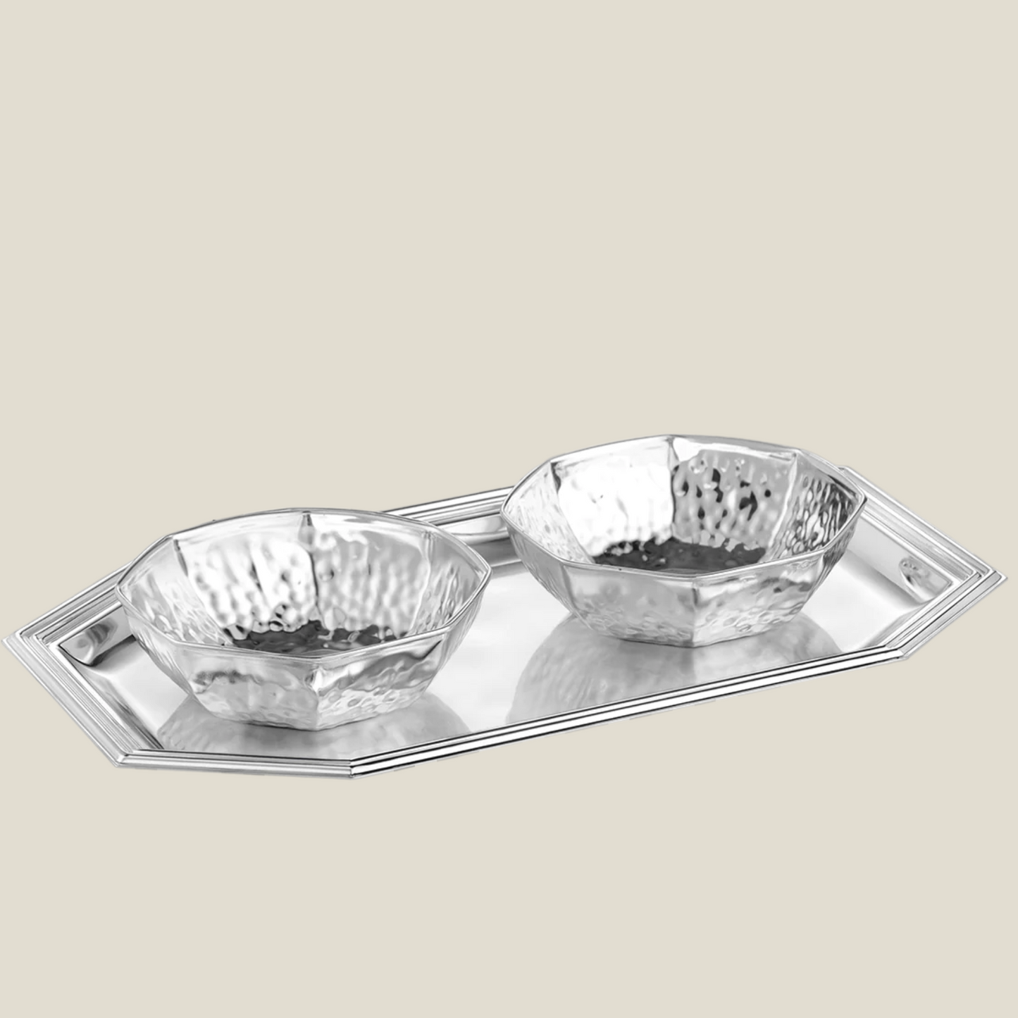 Octagon Tray & Two Hammered Bowl- Silver