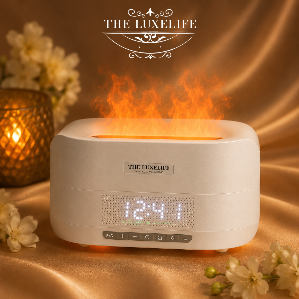 4-in-1 Flame Humidifier Bluetooth Speaker with Alarm Clock & Ambient Light